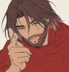 1boy arm_up beard brown_eyes brown_hair byeolangwi58526 cassidy_(overwatch) commentary_request curtained_hair facial_hair finger_gun grey_background highres korean_commentary looking_to_the_side male_focus overwatch parted_lips red_shirt shirt sideways_glance simple_background smile solo teeth upper_body