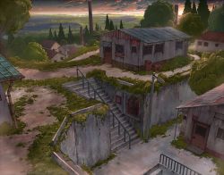barrel brick building cloud cola_(gotouryouta) door drum_(container) forest grass horizon house lamppost landscape nature no_humans original overgrown railing road ruins scenery sky smokestack stairs tree twilight window