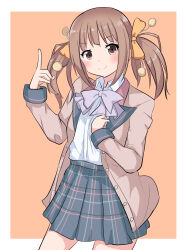 1girl ame_mugitya blush bow bowtie brown_eyes brown_hair commentary_request cowboy_shot food hair_bow highres jacket kannagi_miyabi kono_naka_ni_hitori_imouto_ga_iru! long_sleeves looking_at_viewer plaid_clothes plaid_skirt school_uniform shirt skirt smile solo twintails