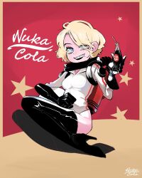 1girl bbizim03 black_boots black_gloves blonde_hair blue_eyes boots bottle breasts cola fallout gloves high_heel_boots high_heels highres holding holding_bottle leotard long_sleeves looking_at_viewer medium_breasts mole mole_under_eye nuka-girl nuka_cola open_mouth short_hair simple_background solo star_(symbol) thigh_boots white_leotard