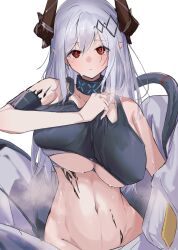 1girl arknights breasts commentary covered_erect_nipples covered_navel crop_top demon_girl demon_horns grey_hair highres horns infection_monitor_(arknights) kurokuro_rakuga large_breasts long_hair looking_at_viewer material_growth mudrock_(arknights) oripathy_lesion_(arknights) pointy_ears red_eyes simple_background solo stomach sweat symbol-only_commentary underboob very_long_hair very_sweaty white_background