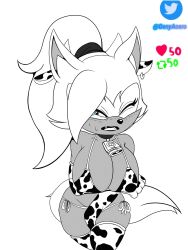 animal_ears animal_print bare_shoulders bell bikini blush bow breasts choker collarbone covered_erect_nipples covering_privates cow_ears cow_print cow_print_bikini cow_print_gloves cowbell earrings fangs furry furry_female genyacero gloves groin hair_bow hair_over_one_eye half-closed_eyes highres jewelry large_breasts lineart lock low_neckline monochrome neck_bell one_eye_closed open_mouth ponytail print_bikini print_gloves shy simple_background single_earring sonic_(series) string_bikini swimsuit tail thighhighs whisper_the_wolf white_background wolf_ears wolf_tail