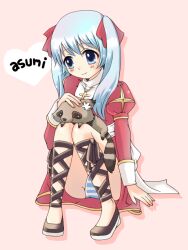 1girl black_ribbon black_shoes blue_eyes blue_hair blue_panties blush bow closed_mouth commentary_request cross cross_necklace dress full_body hair_bow heart high_priest_(ragnarok_online) jewelry juliet_sleeves leg_ribbon long_hair long_sleeves looking_down necklace panties pantyshot petting pink_background porinu puffy_sleeves raccoon ragnarok_online red_bow red_dress ribbon sash shoes simple_background sitting smile solo striped_clothes striped_panties twintails two-tone_dress underwear white_dress white_panties white_sash