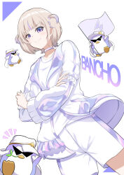 1girl absurdres banpen_(todoroki_hajime) blonde_hair character_name choker closed_mouth crossed_arms hair_ornament hairpin hakuou0714 highres hololive hololive_dev_is jacket looking_at_viewer multicolored_hair purple_eyes purple_hair shirt short_hair shorts smile streaked_hair todoroki_hajime todoroki_hajime_(1st_costume) two_side_up virtual_youtuber white_choker white_jacket white_shirt white_shorts
