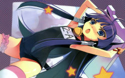 16:10 ahoge animal_ears bell black_hair blue_eyes cat_ears cat_tail character_request collar flat_chest frilled_thigh_strap garters highres jingle_bell loli long_hair name_tag neck_bell one-piece_swimsuit osa_(osaosa) ribbon school_swimsuit solo source_request star swimsuit tail thigh_strap thighhighs very_long_hair wrist_ribbon