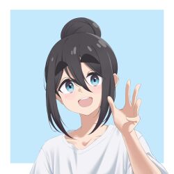 1girl amamiya_satsuki_(mono) black_hair blue_background blue_eyes blush border collarbone gaoqiaoyuyin_takahashi hair_bun hashtag-only_commentary highres mono_(afro) outside_border shirt single_hair_bun smile solo t-shirt teeth thick_eyebrows upper_teeth_only white_border white_shirt
