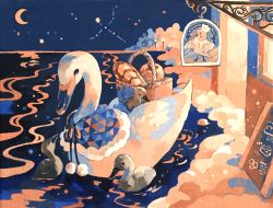 acrylic_paint_(medium) animal animal_focus baby_animal baguette basket bird black_eyes blue_capelet bread capelet chick closed_eyes clothed_animal cloud constellation crescent_moon cygnet duck duckling food fur-trimmed_capelet fur_trim highres horizon lamppost looking_at_another looking_up moon night no_humans original outdoors painting_(medium) pom_pom_(clothes) riding shop sign star_(sky) star_(symbol) susutouka swan traditional_media water