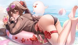 1girl alternate_costume ass ball barefoot beachball bikini black_bikini black_nails boo_tao_(genshin_impact) bright_pupils brown_hair brown_jacket commentary_request cup feet feet_up flower-shaped_pupils genshin_impact ghost glasses hair_between_eyes highres holding holding_cup hood hood_down hooded_jacket hu_tao_(genshin_impact) jacket legs long_hair lying nail_polish on_stomach red_eyes soles solo swimsuit symbol-shaped_pupils the_pose toenail_polish toenails toes twintails very_long_hair water yutoriko_(candy0905)