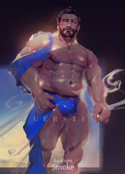 1boy abs artist_name bara beard blue_male_swimwear blue_swim_briefs brown_hair bulge cigarette facial_hair feet_out_of_frame large_pectorals looking_at_viewer luerstine male_focus male_swimwear manly mature_male muscular muscular_arms muscular_legs muscular_male nipples original pectorals short_hair signature smile smoke smoking solo swim_briefs swimsuit thighs