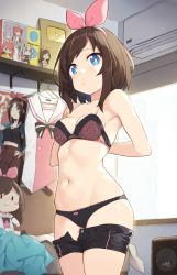 1girl air_conditioner armpits bare_arms bare_shoulders bed black_panties black_shorts blue_eyes blush bra breasts bright_pupils brown_hair character_doll cleavage cloba closed_mouth clothes_hanger clothes_pull collarbone dated day doll dressing female_focus figure hair_ribbon highres hinata_channel indoors kaguya_luna kizuna_ai kizuna_ai_inc. looking_at_viewer multicolored_hair navel nekomiya_hinata open_clothes open_fly open_shorts panties pink_hair pink_ribbon poster_(object) purple_bra ribbon shirt short_hair short_shorts shorts shorts_pull signature small_breasts solo speaker stomach the_moon_studio trophy two-tone_hair underwear virtual_youtuber white_shirt window