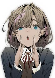 1girl :o absurdres black_jacket blue_eyes brown_dress brown_hair collared_shirt dress dress_shirt half-closed_eye highres jacket long_sleeves love_live! love_live!_superstar!! neck_ribbon open_mouth pinafore_dress red_ribbon ribbon school_uniform shirt short_hair shouting_with_hands simple_background sleeveless sleeveless_dress solo tang_keke tommer uneven_eyes upper_body white_background white_shirt winter_uniform yuigaoka_school_uniform