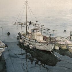 boat highres mast mouen_tw no_humans original painting_(medium) reflection reflective_water rope traditional_media vehicle_focus water watercolor_(medium) watercraft