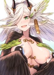 bird_costume breast_sucking breasts cai_geng collarbone double_breast_sucking elil_(granblue_fantasy) gradient_background gradient_hair granblue_fantasy green_eyes green_hair hair_over_one_eye head_wings horns lactation large_breasts multicolored_hair white_hair wing_ornament wings