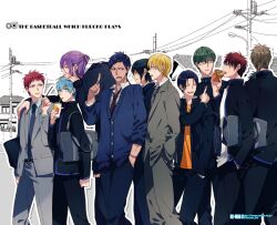 6+boys akashi_seijuurou aomine_daiki arm_around_shoulder arm_up bag belt black-framed_eyewear black_belt black_hair black_jacket black_pants blonde_hair blue_cardigan blue_eyes blue_hair blue_trim brown_hair burger cardigan closed_eyes collared_jacket collared_shirt commentary_request copyright_name crew_neck cup dark-skinned_male dark_skin diagonal-striped_clothes diagonal-striped_necktie disposable_cup eating feet_out_of_frame food food_in_mouth food_wrapper formal_clothes glasses green_hair grey_jacket grey_pants grey_suit hand_in_pocket hand_on_another&#039;s_head holding holding_burger holding_cup holding_food holding_pocky imayoshi_shouichi jacket kagami_taiga kise_ryouta kiyoshi_teppei ko-man kuroko_no_basuke kuroko_tetsuya lapels laughing leaning_forward long_sleeves lower_teeth_only male_focus midorima_shintarou multiple_boys murasakibara_atsushi necktie open_clothes open_collar open_jacket open_mouth orange_shirt outdoors pants parted_bangs parted_hair parted_lips pocky pocky_in_mouth pointing popped_collar power_lines purple_hair red_eyes red_hair shirt shirt_tucked_in short_hair shoulder_bag sky sleeves_past_wrists striped_clothes striped_necktie suit suit_jacket takao_kazunari teeth upper_teeth_only utility_pole walking white_shirt wing_collar
