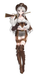 1girl absurdres ahoge alternate_costume aqua_eyes belt bodice boots breasts brown_belt brown_boots brown_hat brown_jacket carlotta_(wuthering_waves) check_clothing closed_mouth clothing_request collarbone commentary cowboy cryturtle earrings full_body grey_skirt gun hand_on_own_hip handgun hat highres holding holding_gun holding_weapon holster jacket jacket_on_shoulders jewelry lever_action looking_at_viewer medium_breasts midriff parted_bangs revolver rifle simple_background skirt smile solo symbol-only_commentary thigh_boots thighs weapon western white_background wuthering_waves