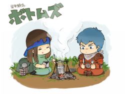 1boy 1girl bandana blue_hair blue_headband bodysuit campfire can chawan&#039;ya chibi chirico_cuvie copyright_name fiana fork green_bodysuit headband holding holding_fork holding_knife knife looking_down open_mouth pilot_suit sitting smile soukou_kihei_votoms v-shaped_eyebrows