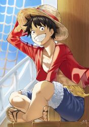 Rule 34 | 1boy, absurdres, birthday, black hair, blue shorts, blue sky, camus (luthfancamus), clenched teeth, collarbone, commentary, cross scar, english commentary, facial scar, full body, fur-trimmed shorts, fur trim, grin, hand on headwear, hat, highres, indian style, looking at viewer, male focus, monkey d. luffy, one piece, open clothes, open shirt, red shirt, sandals, sash, scar, scar on cheek, scar on chest, scar on face, shirt, short hair, shorts, sitting, sky, smile, solo, straw hat, teeth, toes, yellow sash
