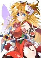 Rule 34 | &gt;:), 1girl, bare shoulders, black gloves, black thighhighs, blonde hair, blue eyes, breasts, cleavage, closed mouth, commentary, cowboy shot, dress, fingerless gloves, fishnet top, fishnets, fox mask, fox shadow puppet, gloves, holding, holding weapon, ito ryo, looking at viewer, mask, mask on head, medium breasts, ninon (oedo) (princess connect!), ninon (princess connect!), official alternate costume, pelvic curtain, princess connect!, red dress, side slit, sleeveless, sleeveless dress, smile, solo, split mouth, thighhighs, two side up, v-shaped eyebrows, weapon