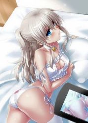 10s 1girl ass bed bell blue_eyes camcorder cat_cutout cat_ear_panties cat_lingerie charlotte_(anime) choker cleavage_cutout clothing_cutout female_focus half_updo jingle_bell jpeg_artifacts long_hair lying neck_bell on_side panties pillow recording side-tie_panties silver_hair solo strap_slip thighhighs tomori_nao twintails two_side_up underwear video_camera zen