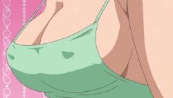 00s 10s 1girl animated animated_gif bouncing_breasts breasts camisole cleavage covered_erect_nipples female_focus green_camisole head_out_of_frame hinako_(issho_ni_training) issho_ni_training large_breasts no_bra sweat