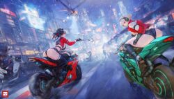 1other 2girls absurdres aircraft ass bikini black_bikini black_hair boots breasts city cityscape driving headphones helicopter highres jacket knee_boots large_breasts motor_vehicle motorcycle multicolored_hair multiple_girls night on_motorcycle original outdoors phungdinhdung red_hair robot scenery streaked_hair swimsuit thighhighs white_hair