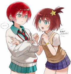 0_yukz 2girls amate_yuzuriha aqua_eyes brown_hair crossover female_focus gundam gundam_gquuuuuux hair_ornament highres japanese_text luluco multiple_girls red_hair short_hair uchuu_patrol_luluco watch