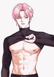 1boy abs black_nails black_shirt clothes_lift earrings heart_on_cheek highres jewelry kang_dagyum long_sleeves looking_at_viewer lookism male_focus muscular nail_polish nipples open_mouth pink_hair shirt shirt_lift short_hair simple_background solo thankbui01 white_background