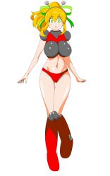 absurdres android antennae armor armored_boots arms_up assatakku bikini_armor blonde_hair blue_eyes boots breasts green_ribbon hair_ribbon hairband headphones highres hyper_roll_(marvel_vs._capcom) joints knee_boots knee_pads large_breasts long_hair looking_at_viewer marvel_vs._capcom mechanical_arms mechanical_boots mechanical_legs mega_man_(classic) mega_man_(series) navel ponytail radio_antenna red_armor ribbon robot robot_girl robot_joints roll_(mega_man) shoulder_armor sidelocks