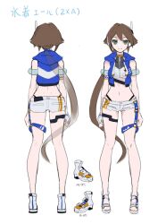 1girl aile_(mega_man_zx) alternate_costume bikini black_bikini blue_jacket breasts brown_hair character_name cropped_jacket full_body green_eyes highleg highleg_bikini highres jacket lemon_inu long_hair medium_breasts mega_man_(series) mega_man_zx mega_man_zx_advent navel ponytail reference_sheet robot_ears short_shorts shorts simple_background swimsuit very_long_hair white_background white_bikini white_shorts