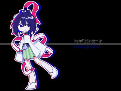 1other androgynous bare_legs black_background black_eyes black_hair black_hat black_kimono blue_hair closed_mouth colored_inner_hair commentary deformed detached_sleeves drop_shadow english_text eye_of_senri eyelashes full_body green_hakama hair_between_eyes hakama hakama_short_skirt hakama_skirt happy hat hat_ribbon highres japanese_clothes jinbei_(clothes) kariginu kimono knees layered_sleeves leg_up len&#039;en long_sleeves looking_at_viewer multicolored_hair ofuda ofuda_on_clothes other_focus outline re1re133 red_ribbon ribbon ringed_eyes senri_tsurubami short_hair short_kimono skirt sleeves_past_fingers sleeves_past_wrists smile socks solo standing tate_eboshi upside-down_text white_outline white_sleeves white_socks wide_sleeves