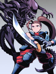 1girl alien alien_(1979) alien_(series) alien_vs._predator highres holding holding_sword holding_weapon linn_kurosawa monster open_mouth pechamaju ponytail predator_(series) red_eyes sharp_teeth sword tail teeth weapon xenomorph