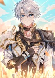 Rule 34 | 1boy, antenna hair, armor, black choker, black shirt, blue eyes, blue sky, choker, coat, crying, crying with eyes open, highres, honkai: star rail, honkai (series), looking at viewer, male focus, parted bangs, parted lips, pauldrons, phainon (honkai: star rail), shirt, short hair, shoulder armor, single pauldron, sky, solo, tears, tears from one eye, twitter username, upper body, urasozopi, wheat field, white coat, white hair