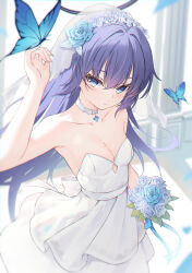 1girl absurdres alternate_costume arm_up bare_shoulders blue_archive blue_butterfly blue_eyes blue_flower bouquet breasts bridal_veil bug butterfly butterfly_on_hand cleavage closed_mouth collarbone commentary dress fingernails flower hair_between_eyes hair_flower hair_ornament highres holding holding_bouquet insect lisu long_hair looking_at_viewer medium_breasts purple_hair solo strapless strapless_dress veil very_long_hair white_dress white_veil yuuka_(blue_archive)