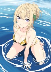 1girl absurdres alternate_costume bikini blonde_hair bone_namu(namu49850) braid braided_bangs breasts cleavage collarbone gold_bikini hair_ribbon highres kantai_collection kneeling looking_at_viewer medium_breasts perth_(kancolle) ponytail purple_eyes ribbon short_hair side-tie_bikini_bottom smile solo swimsuit water
