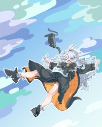1girl absurdres ahoge bike_shorts cloak closed_eyes falling fang freefall goddess_of_victory:_nikke head-mounted_display highres jacket kiwichip long_hair open_mouth skin_fang smile snow_white_(innocent_days)_(nikke) snow_white_(nikke) visor_lift white_cloak white_hair