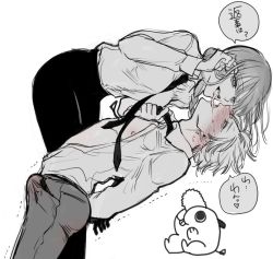 1997 1boy 1girl @_@ bending_backward black_necktie blush braid braided_ponytail breasts bulge business_suit cable chainsaw_man clothes_grab denji_(chainsaw_man) dog erection erection_under_clothes femdom formal_clothes french_kiss hand_in_own_hair heart hetero kiss long_hair looking_at_another makima_(chainsaw_man) medium_breasts monochrome necktie necktie_grab neckwear_grab nemuke_sukkiri nipples office_lady open_clothes open_mouth open_shirt pochita_(chainsaw_man) ringed_eyes sharp_teeth shirt_tucked_in short_hair speech_bubble suit sweat teeth tongue trembling twitching_penis