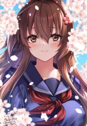 1girl alternate_costume blue_sailor_collar blush breasts brown_eyes brown_hair cherry_blossoms commentary_request dated eyelashes flower hair_between_eyes hair_flower hair_ornament kantai_collection long_hair looking_at_viewer mashiro_yukiya neckerchief petals pink_flower red_neckerchief sailor_collar school_uniform serafuku sidelocks signature smile solo upper_body yamato_(kancolle)