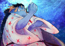 1boy absurdres black_hair blue_skin clenched_hand colored_skin commentary curly_eyebrows english_commentary fish_boy highres japanese_clothes jinbe_(one_piece) kimono konnybee long_hair male_focus multicolored_hair on_water one_piece open_mouth pointy_ears sharp_teeth solo teeth tusks two-tone_hair water