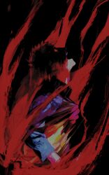 1boy bare_shoulders black_background black_shirt greyscale highres long_sleeves male_focus monochrome naruto_(series) naruto_shippuuden ninja open_mouth red_eyes shirt short_hair simple_background solo spiked_hair uchiha_obito upper_body zifletts
