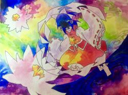 Rule 34 | 1girl, alternate hair color, blue hair, commentary request, detached sleeves, faceless, faceless female, flat chest, flower, frilled socks, frills, hair ribbon, hakurei reimu, hakurei reimu (seihou), kaigen 1025, long hair, long sleeves, lotus, multicolored background, no shoes, painting (medium), petticoat, red skirt, red vest, ribbon, ribbon-trimmed sleeves, ribbon trim, seihou, shirt, shuusou gyoku, skirt, sleeves past fingers, sleeves past wrists, socks, solo, traditional media, vest, watercolor (medium), white flower, white lotus, white ribbon, white shirt, white sleeves, white socks, wide sleeves