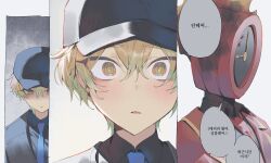 1boy 1other armor bad_id bad_twitter_id baseball_cap black_shirt blonde_hair blue_necktie breastplate close-up commentary dante_(limbus_company) hair_between_eyes hat highres inactive_account korean_commentary korean_text looking_at_viewer male_focus maratang necktie object_head open_mouth project_moon shirt short_hair simple_background sinclair_(project_moon) speech_bubble w_corp._(identity)_(project_moon) white_background wide-eyed yellow_eyes