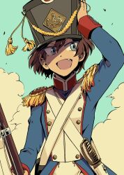 1girl antique_firearm arm_up blue_eyes blue_jacket blue_sky brown_hair buttons cloud cowboy_shot double-breasted epaulettes facing_viewer fang female_focus firearm firelock flintlock france gun hair_between_eyes hand_on_headwear hat highres jacket looking_to_the_side military_hat military_uniform open_mouth original outdoors pants shako_cap short_hair sky smile soldier solo standing sword weapon white_pants zeinikunosekai