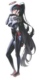 1girl absurdres black_bodysuit black_hair blue_archive blush bodysuit breasts domi_(hongsung0819) halo high_ponytail highres large_breasts long_hair looking_at_viewer ponytail red_eyes rio_(blue_archive) rio_(bodysuit)_(blue_archive) simple_background skin_tight solo very_long_hair white_background