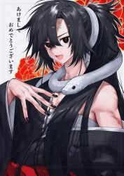 1boy absurdres androgynous black_eyes black_hair black_kimono black_nails burn_scar check_gender chest_sarashi commentary_request gender_request hair_between_eyes hand_up highres japanese_clothes kimono kugai_yato long_hair looking_at_viewer male_focus nail_polish open_mouth original ponytail red_pupils sarashi scar smile snake solo toned toned_male translation_request upper_body very_long_hair waka_(shark_waka) white_snake