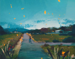 1boy abra artstation_sample backpack bag bicycle blue_sky commentary day field from_behind gen_1_pokemon gloom_(pokemon) grass highres horizon image_sample male_focus nintendo outdoors petals pokemon pokemon_(creature) pokemon_rgby red_(pokemon) riding road scenery shadow simone_mandl sky street wide_shot