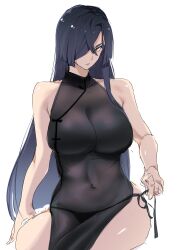 Rule 34 | 1girl, absurdres, black dress, black hair, black panties, breasts, china dress, chinese clothes, cleavage, commentary request, covered navel, dress, hair over one eye, highres, large breasts, long hair, looking at viewer, one eye covered, orange eyes, origami yukari, panties, parted lips, see-through clothes, see-through dress, side-tie panties, sitting, sketch, sleeveless, sleeveless dress, solo, toji no miko, underwear, very long hair, white background, yamamoto kichiko