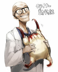 1boy animification ario bald closed_eyes glasses grin half-life half-life_(series) half-life_2 headcrab isaac_kleiner lab_coat lamarr male_focus scientist smile translation_request