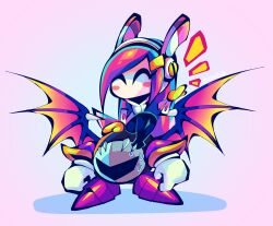 1girl armor bat_wings blush_stickers closed_eyes giganide gloves hair_ornament hairclip highres kirby:_planet_robobot kirby_(series) meta_knight nintendo pauldrons pink_background pink_hair rayman_limbs sabaton shoulder_armor susie_(kirby) sweatdrop white_gloves wings yellow_gloves
