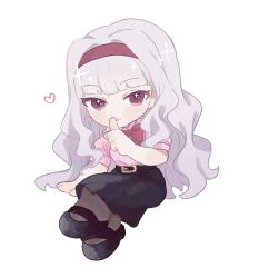 1girl bad_id bad_twitter_id belt black_belt black_pantyhose black_shoes black_skirt bow bowtie chibi closed_mouth cross-shaped_pupils finger_to_mouth full_body grey_hair hairband hand_up heart highres idolmaster idolmaster_(classic) ikanya index_finger_raised long_hair looking_at_viewer pantyhose pink_shirt purple_bow purple_bowtie purple_eyes purple_hairband shijou_takane shirt shoes simple_background sitting skirt smile solo symbol-shaped_pupils wavy_hair white_background