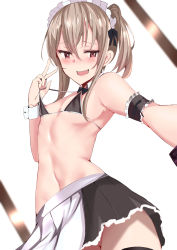 1girl absurdres bikini bikini_top_lift bikini_top_only black_bikini black_bow black_skirt blonde_hair blush bow clothes_lift fang flat_chest hair_between_eyes hair_bow highres lifting_own_clothes looking_at_viewer maid_headdress medium_hair muoto navel nipples no_panties open_mouth original outstretched_arm pleated_skirt profile red_eyes side_ponytail skin_fang skirt solo standing stomach strap_lift swimsuit wrist_cuffs